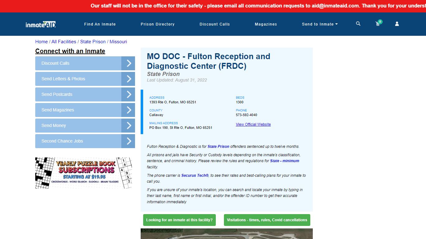 MO DOC - Fulton Reception and Diagnostic Center (FRDC) - InmateAid